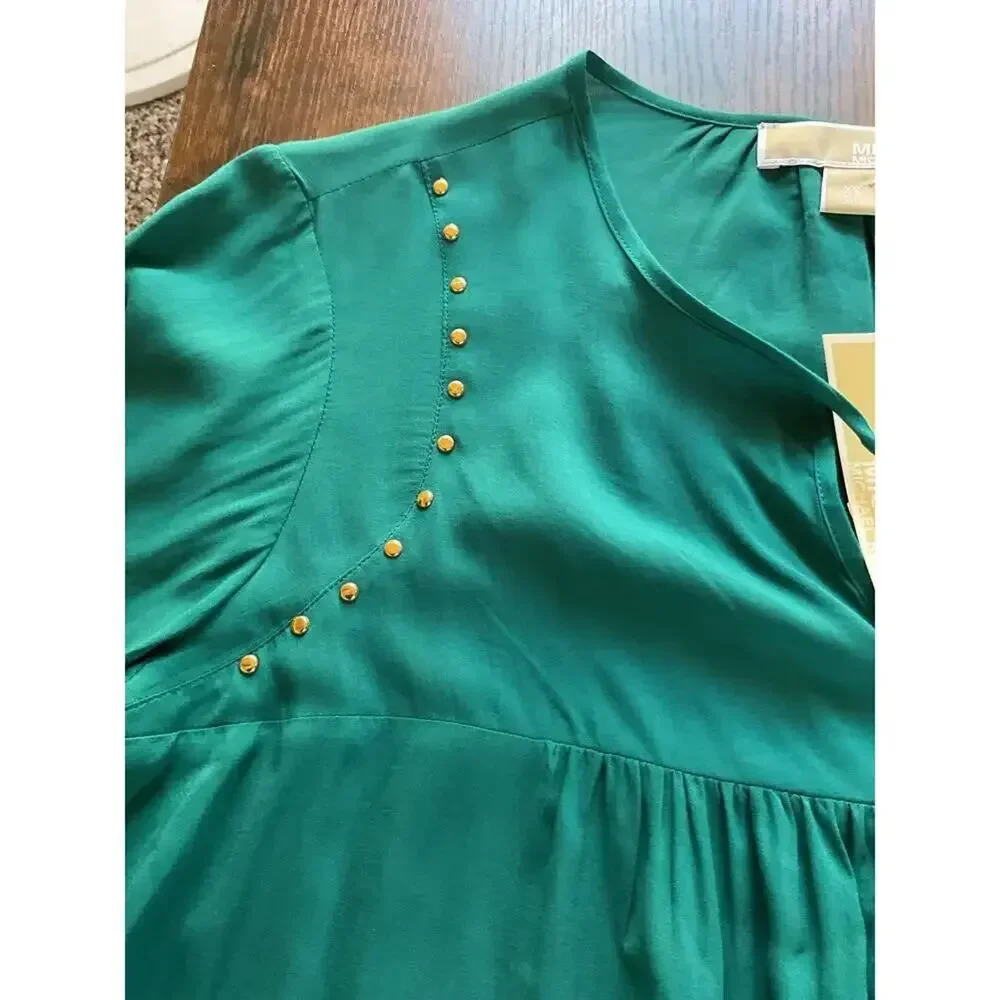 Michael Michael Kors Teal Peasant Blouse XS NWT Boho Top Gold Stud Detail Retro